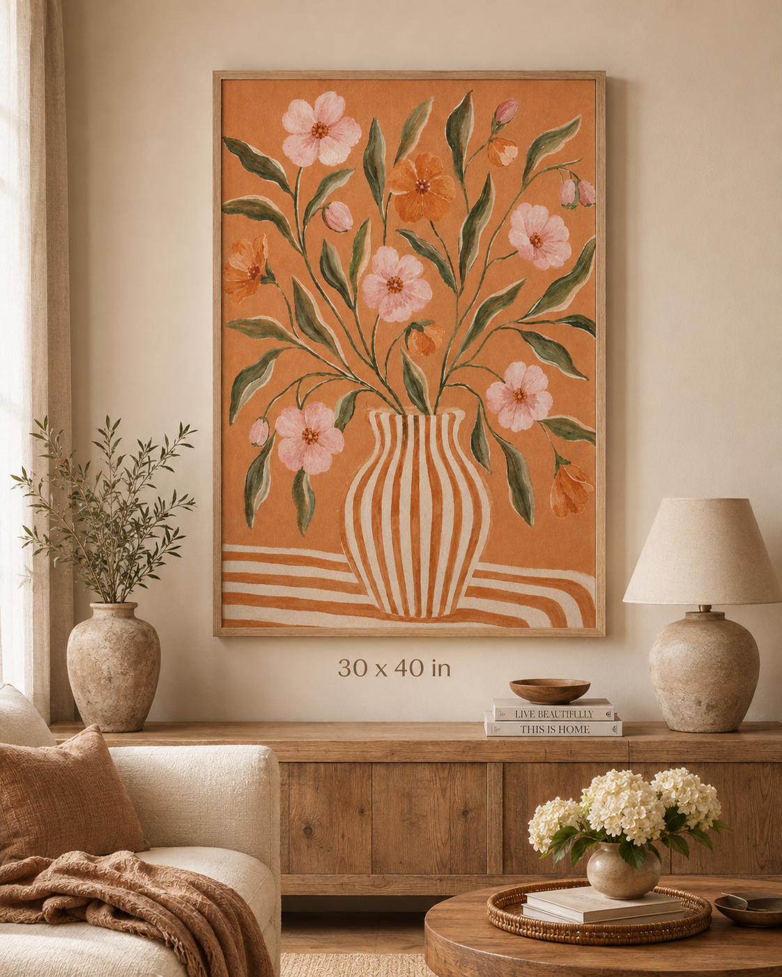Blush Floral Vase Canvas — Matte Stretched Wall Art