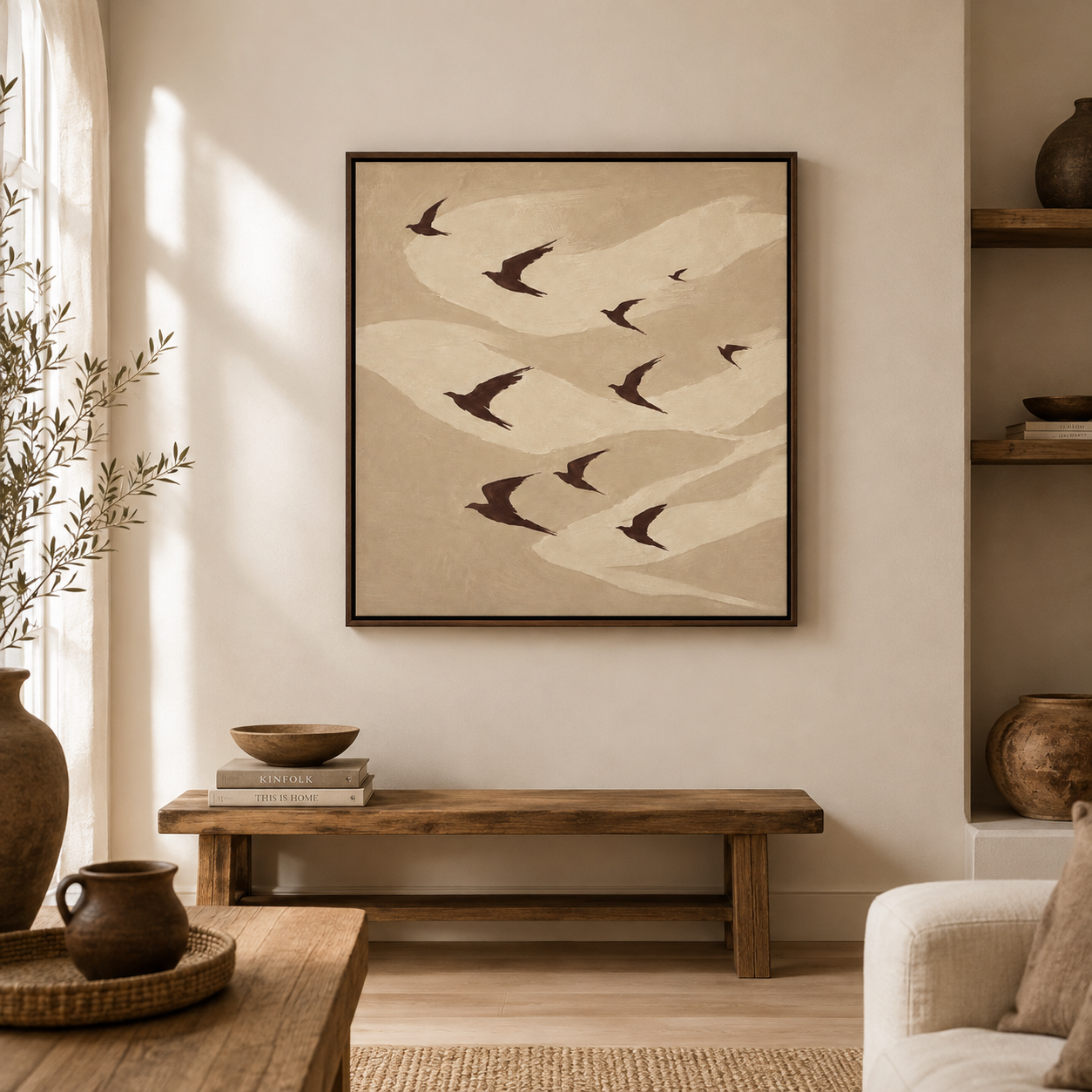 Neutral Flying Birds - Framed Floating Canvas