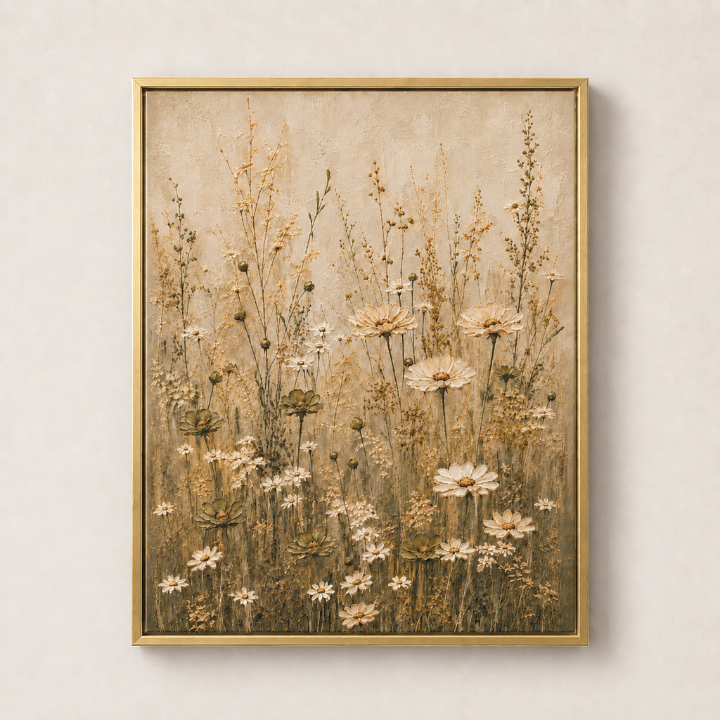 Neutral Wildflower Field - Framed Floating Canvas