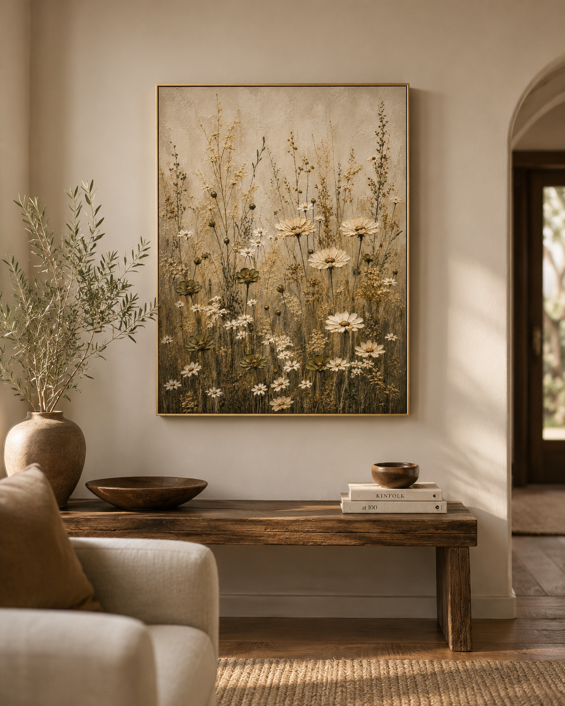 Neutral Wildflower Field - Framed Floating Canvas