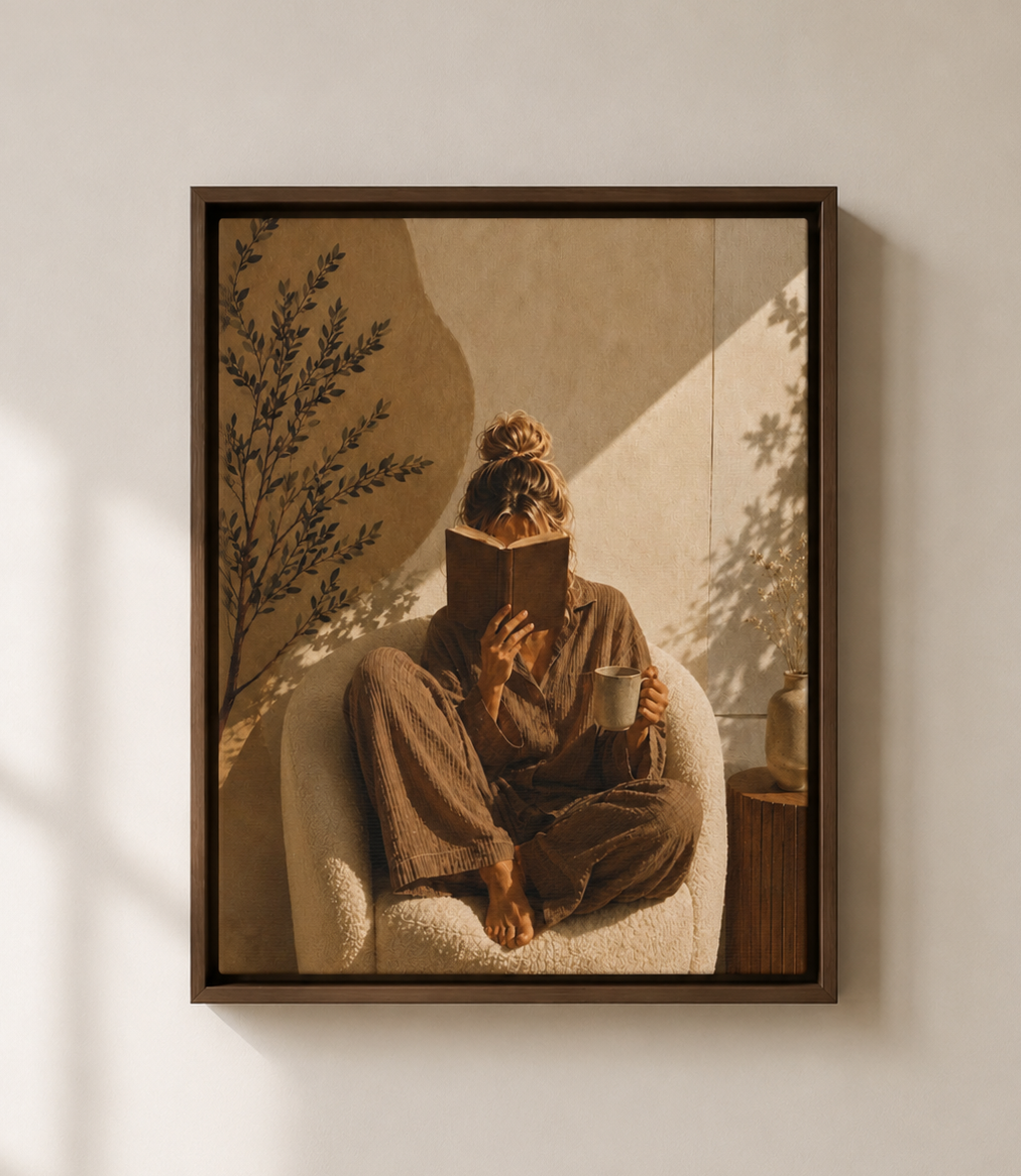 Cozy Morning Reading - Framed Floating Canvas