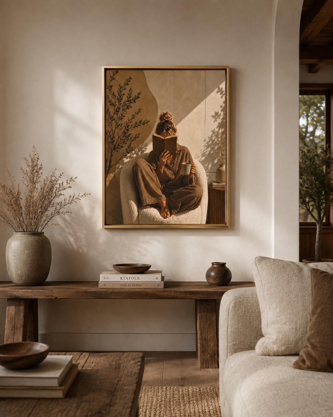 Cozy Morning Reading - Framed Floating Canvas