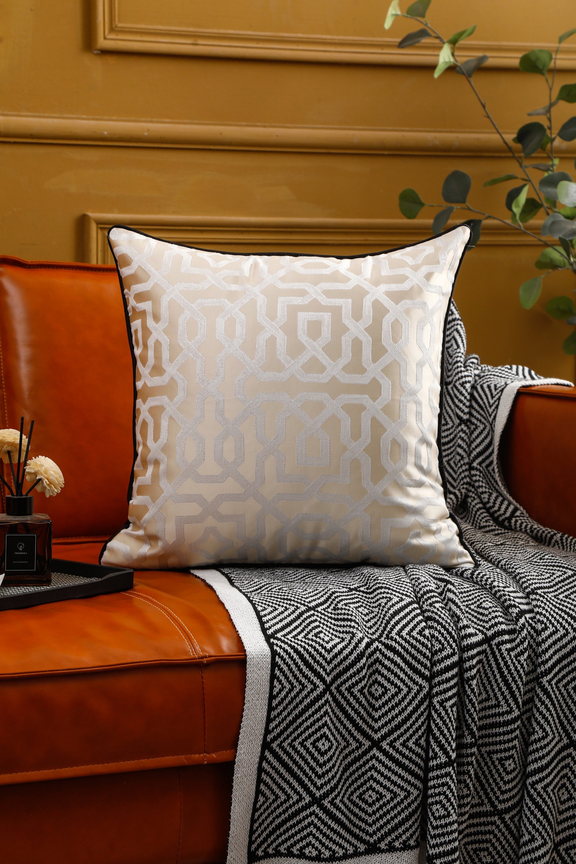 Designer Cream Geometric Cushion Cover (45x45 cm)