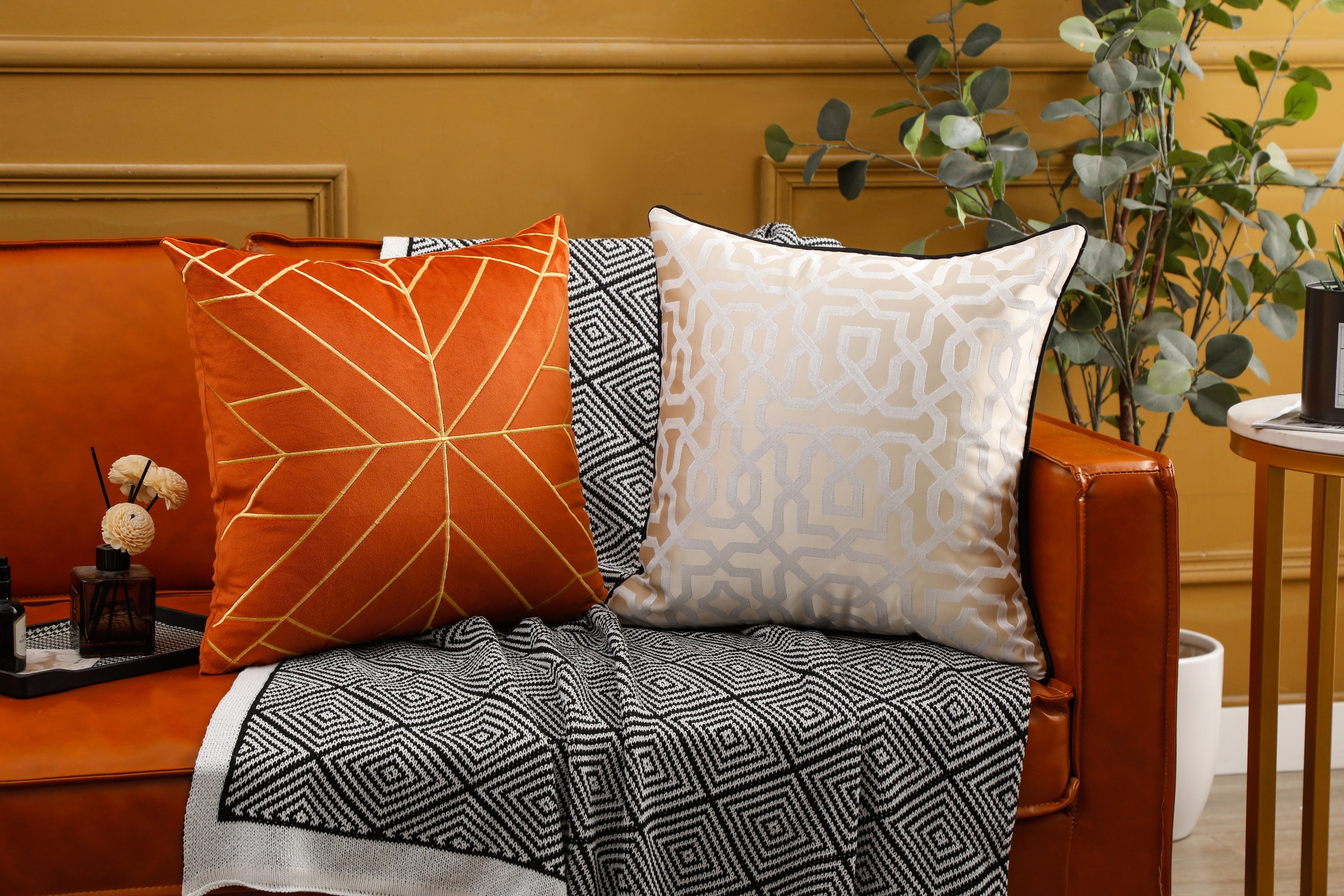 Designer Cream Geometric Cushion Cover (45x45 cm)