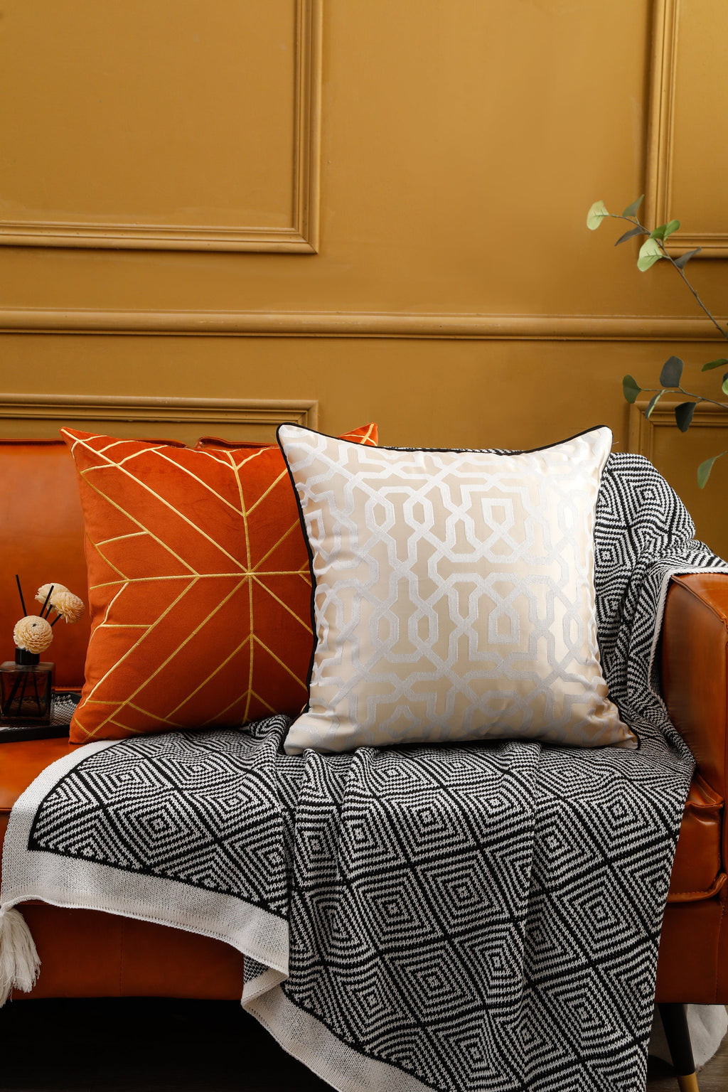 Designer Cream Geometric Cushion Cover (45x45 cm)