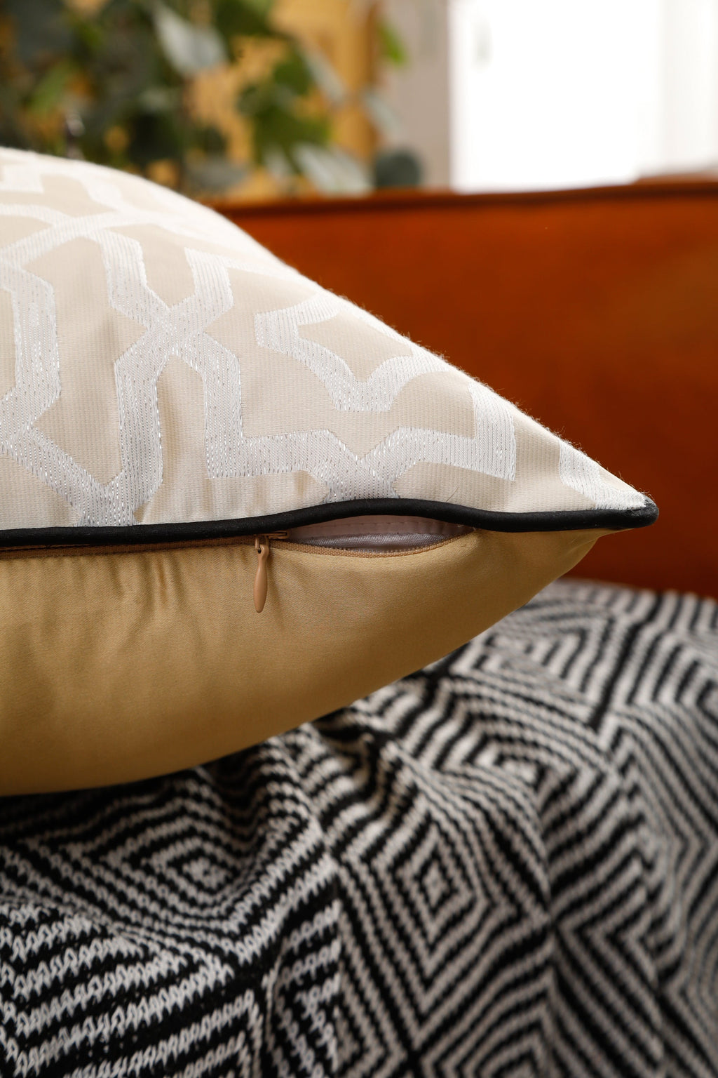 Designer Cream Geometric Cushion Cover (45x45 cm)