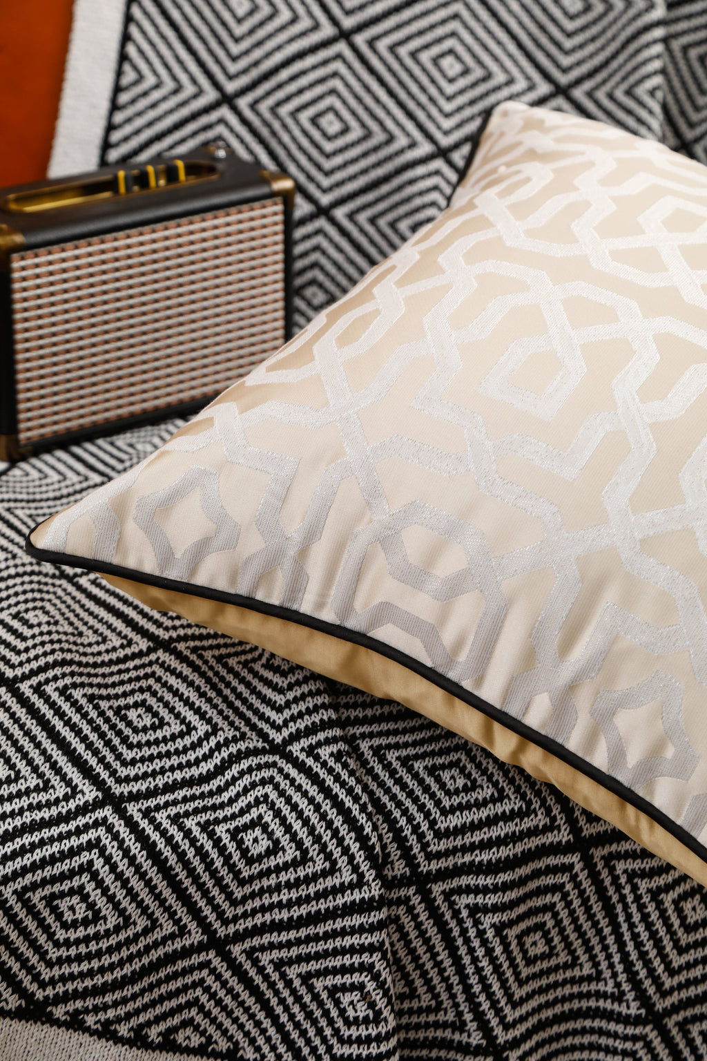 Designer Cream Geometric Cushion Cover (45x45 cm)
