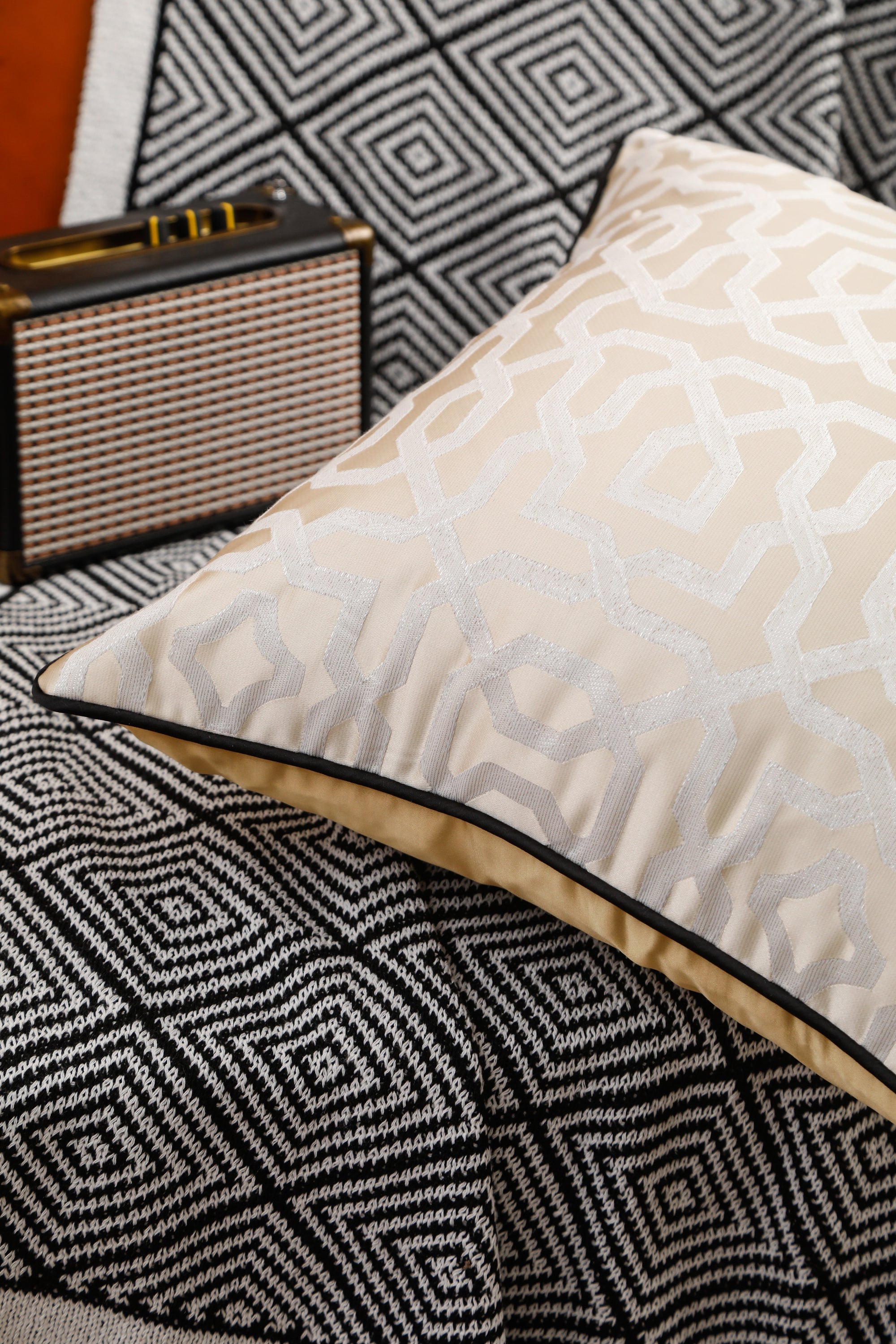 Designer Cream Geometric Cushion Cover (45x45 cm)