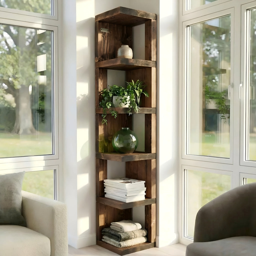 Valora Solid Wood Corner Bookshelf In Walnut Colour – Open Bookcase