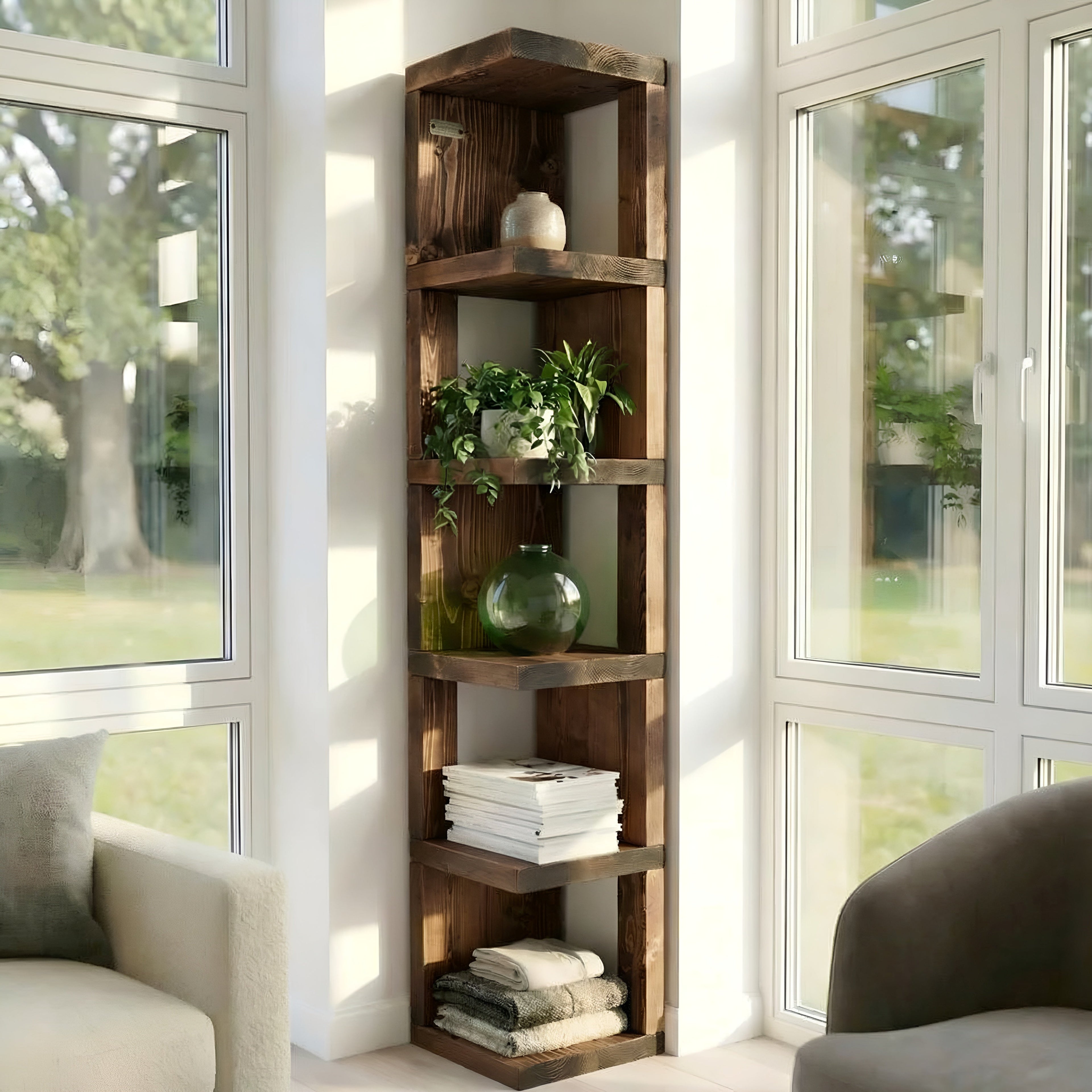 Valora Solid Wood Corner Bookshelf In Walnut Colour – Open Bookcase