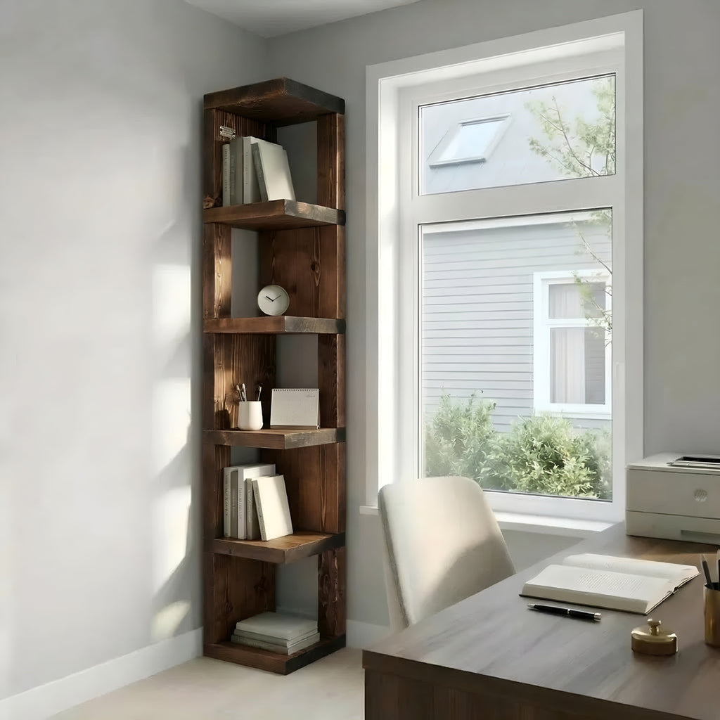 Valora Solid Wood Corner Bookshelf In Walnut Colour – Open Bookcase