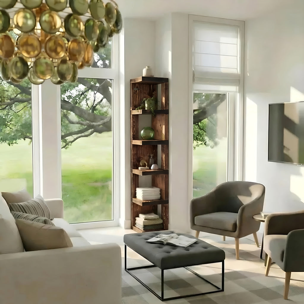 Valora Solid Wood Corner Bookshelf In Walnut Colour – Open Bookcase