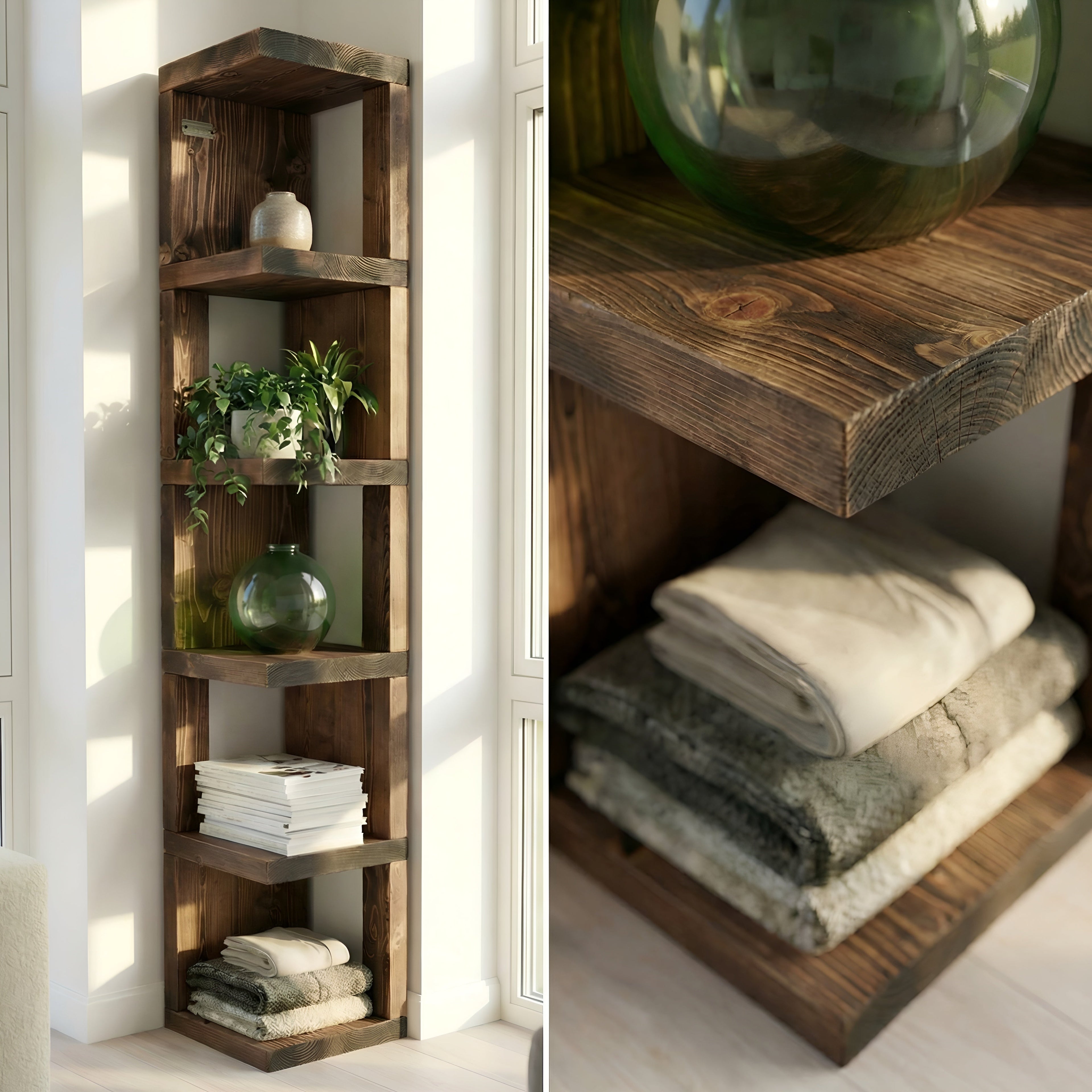 Valora Solid Wood Corner Bookshelf In Walnut Colour – Open Bookcase