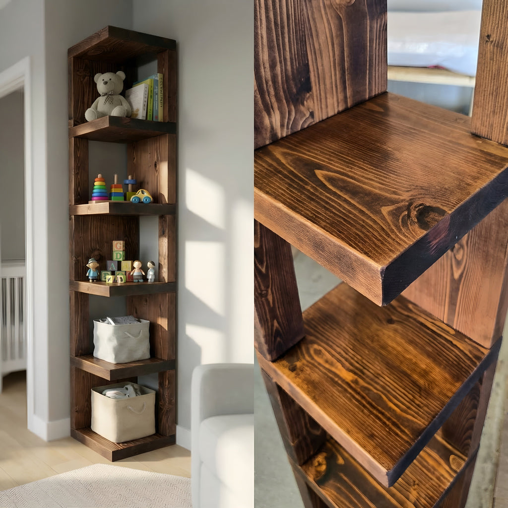 Valora Solid Wood Corner Bookshelf In Walnut Colour – Open Bookcase