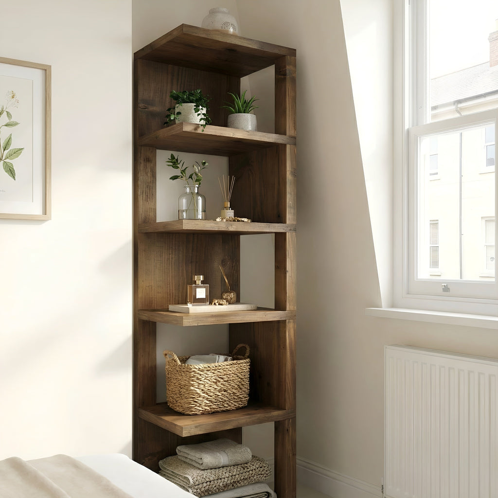 Valora Solid Wood Corner Bookshelf In Walnut Colour – Open Bookcase